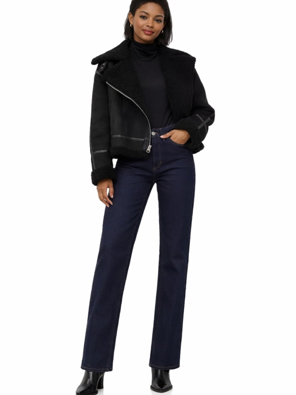 French Connection Women's Faux-Shearling Faux-Leather Trim Coat Size L NWT